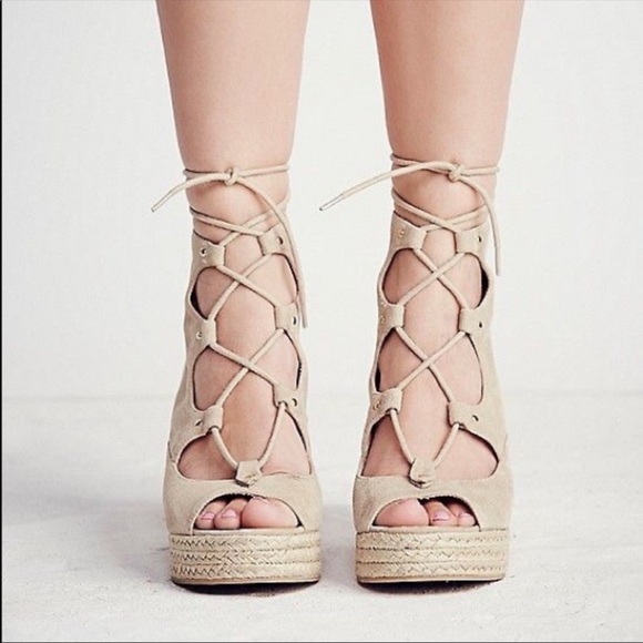 Nude Free People Boho Lace Up Platform Wedge - Picture 2 of 5